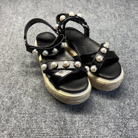 Karl Lagerfeld Shoes - Karl Lagerfeld Womens Black Platform Espadrille Sandals Pearl Ankle Strap 7M